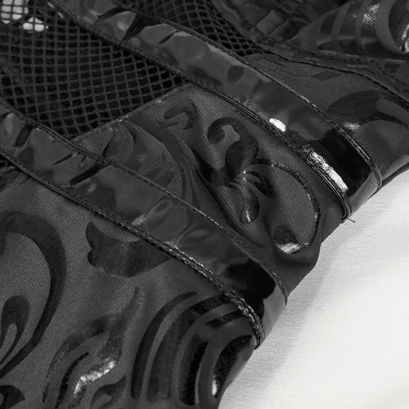 Close-up of the Women's Punk Lace-Up V-Neck Dress showcasing a glossy black patterned fabric and intricate lace details.