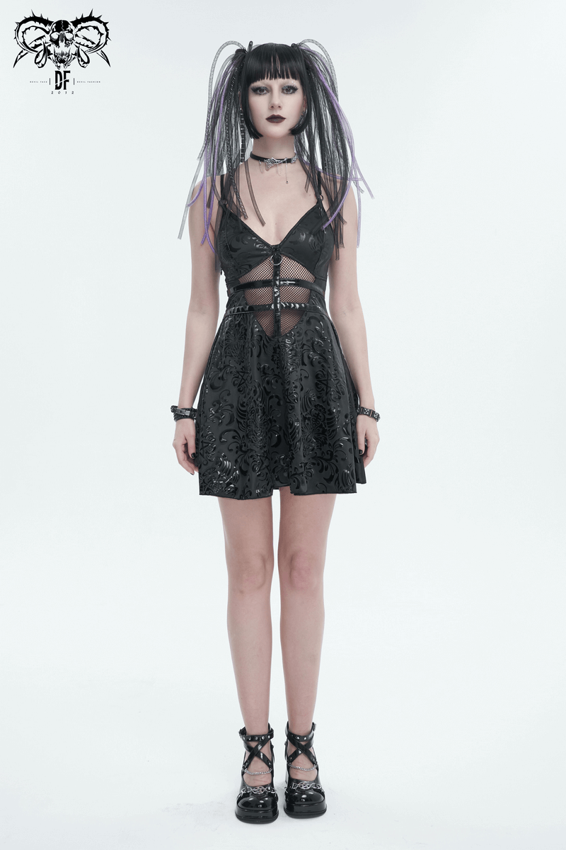 Fashion punk V-neck short dress with lace-up back, bold hollow-out pattern and edgy style.