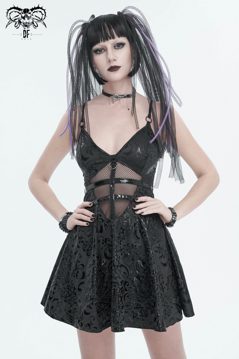 Punk V-neck short dress with lace-up back featuring a sexy hollow-out pattern and punk style accessories.