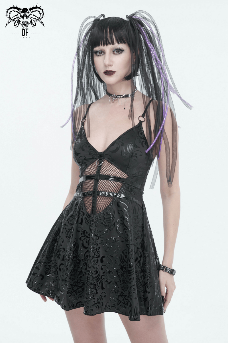 Fashion punk V-neck short dress featuring lace-up back and unique hollow-out design on a model.
