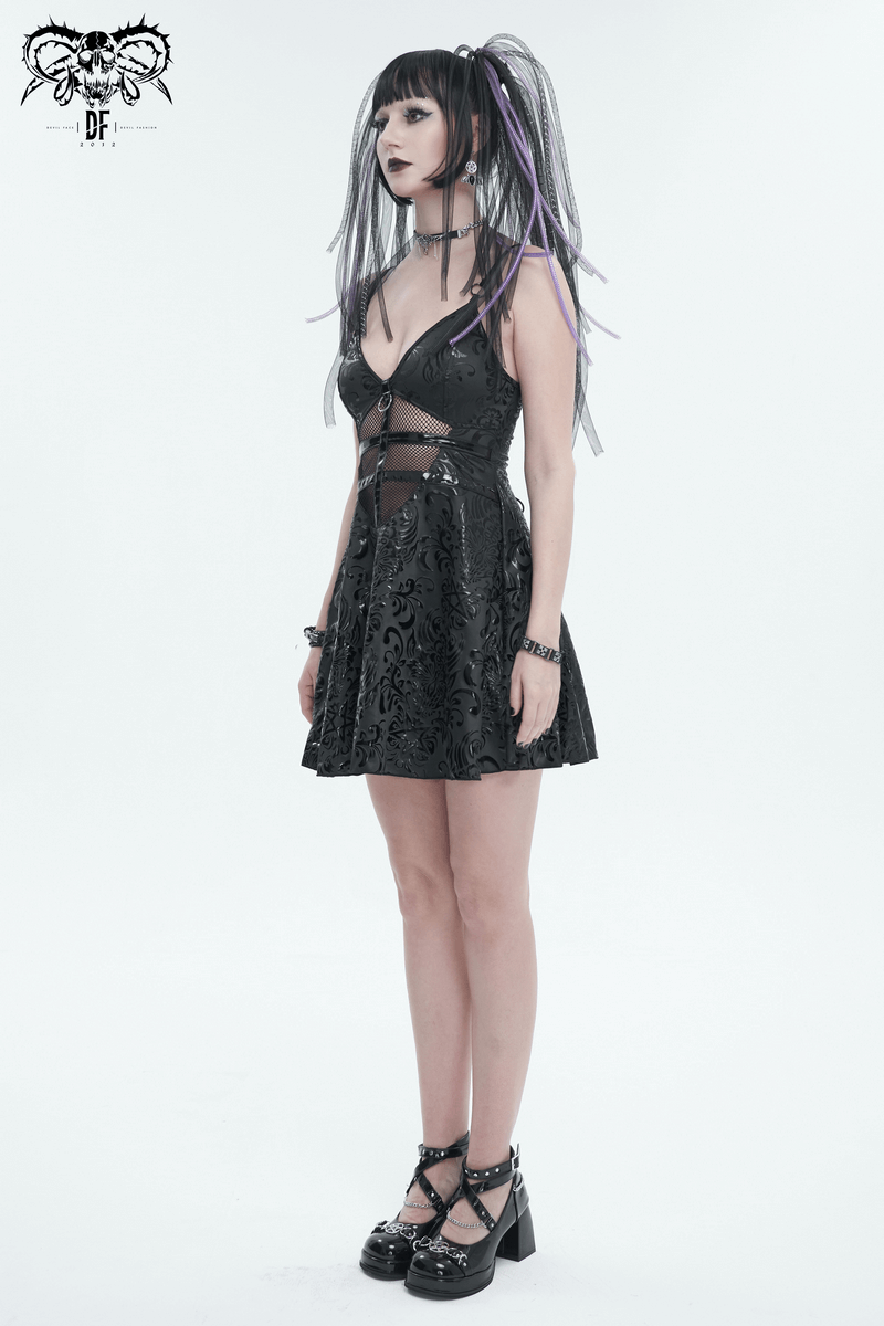 Punk V-neck short dress with lace-up back and hollow-out design worn by a model with edgy hair accessories.