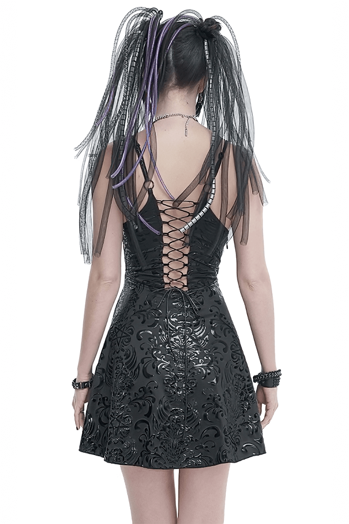 Back view of a punk V-neck short dress with lace-up detail and hollow-out pattern, showcasing edgy style.