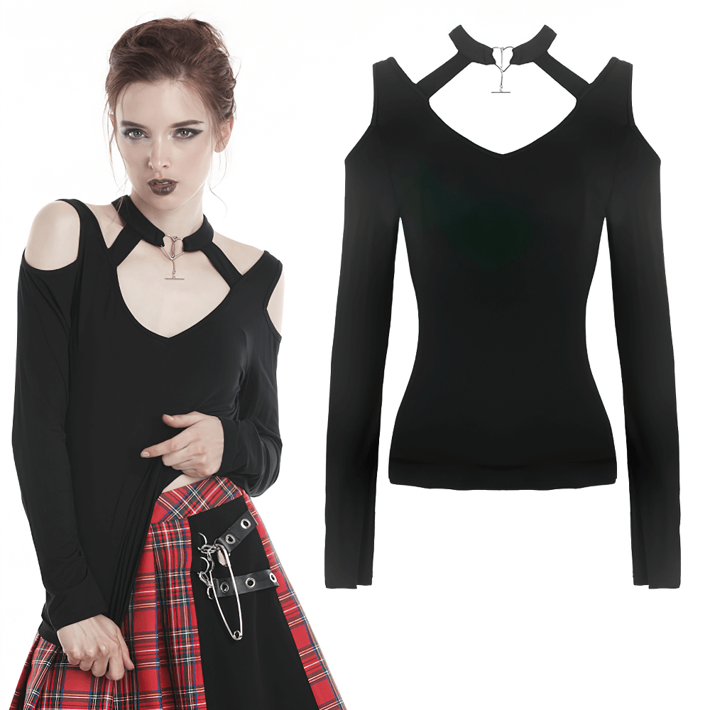 Fashion Punk women's off-shoulder choker top with heart detail and cut-out design in black.