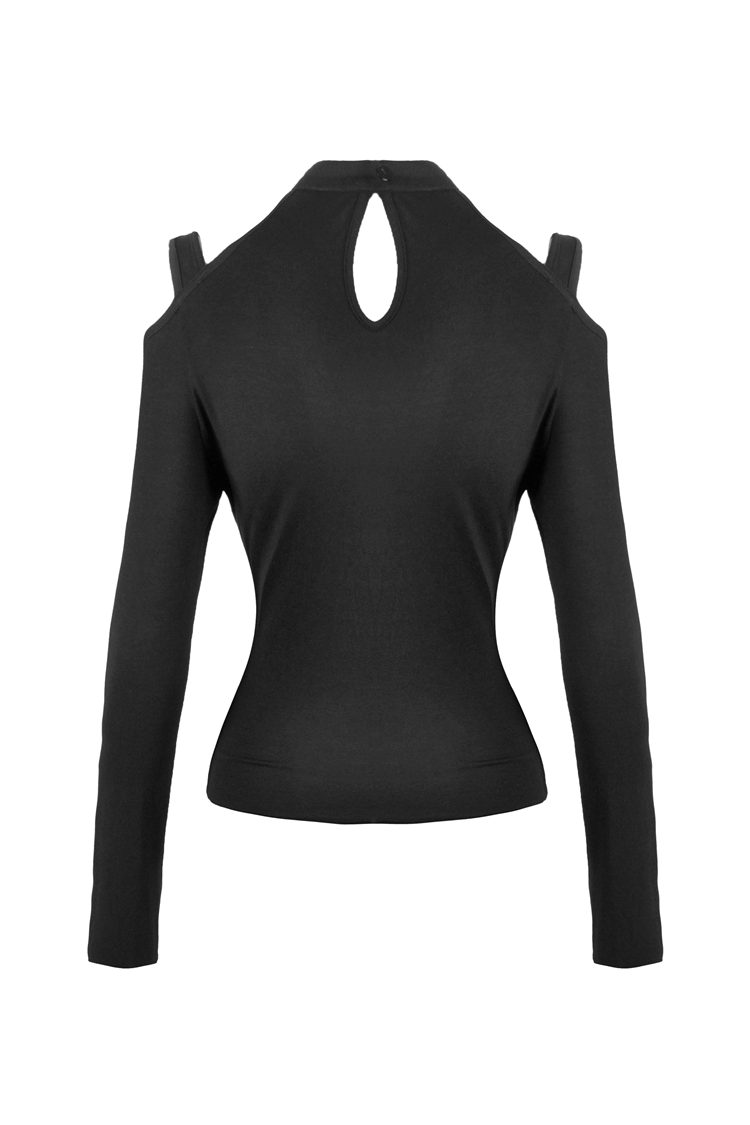 Back view of black off-shoulder choker top with heart cut-out and long sleeves, showcasing an edgy style.