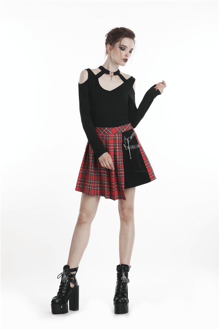 Fashion Punk Off-Shoulder Choker Top with Heart Detail, edgy style, paired with a red plaid skirt.