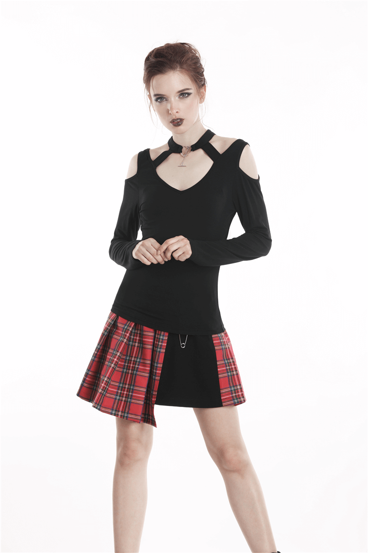 Fashion punk women's off-shoulder choker top with heart cut-out and plaid skirt, perfect for an edgy goth rocker style.