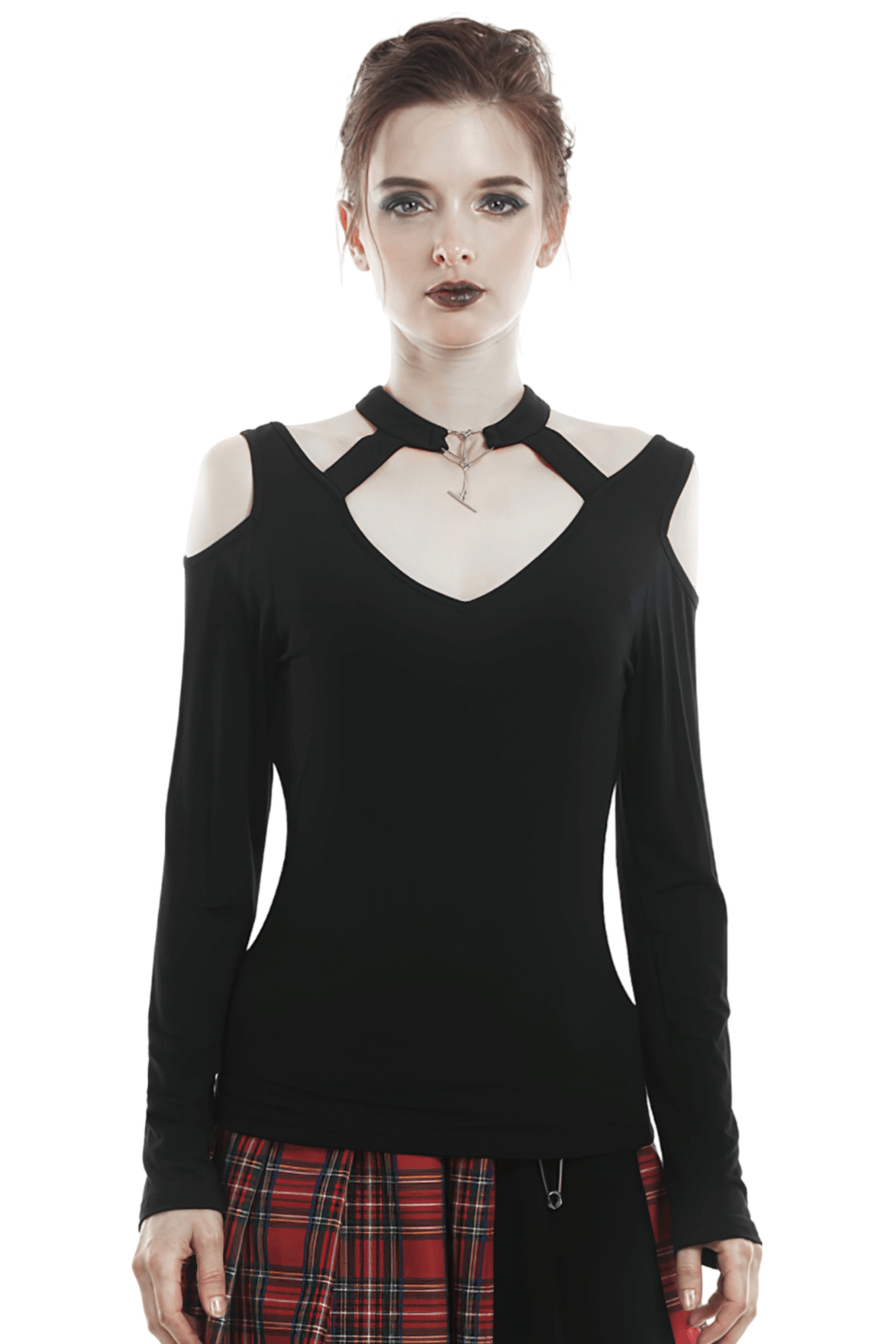 Fashion Punk Women's Metal Heart Choker Cut-Out Top featuring edgy design and off-shoulder style.
