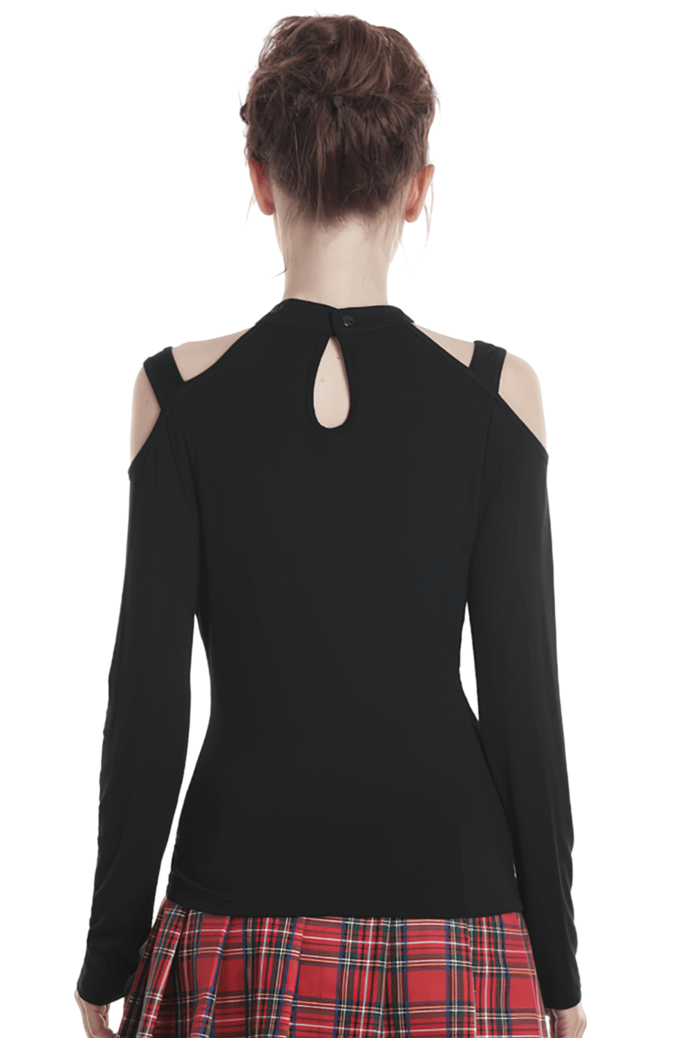 Back view of a Fashion Punk Women's Choker Top with cut-out shoulders and plaid skirt.