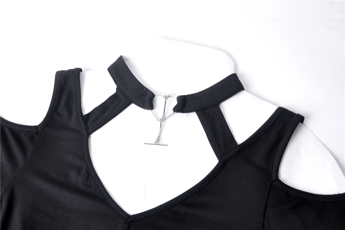 Close-up of a black fashion punk choker top featuring a heart cut-out and one-shoulder design.