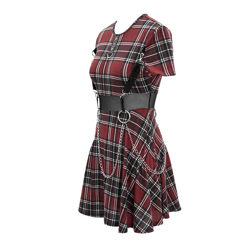Fashion red plaid mini dress with short sleeves and belt, featuring silver chains for a stylish punk look.