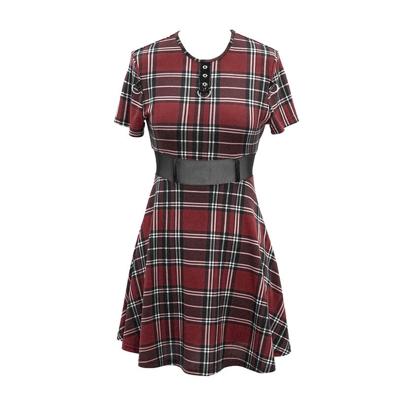 Fashion red plaid short sleeve mini dress with a belt and stylish checkered print, perfect for punk wardrobe.