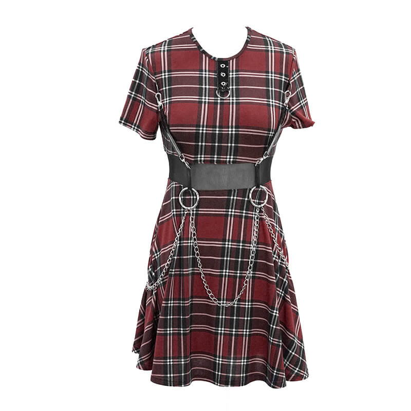 Red plaid women’s short sleeve mini dress with chains, perfect for punk fashion lovers.