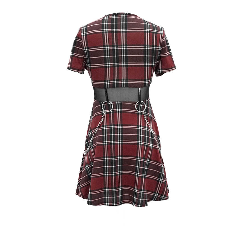Back view of red plaid punk mini dress with short sleeves and silver chain details, perfect for a trendy wardrobe.