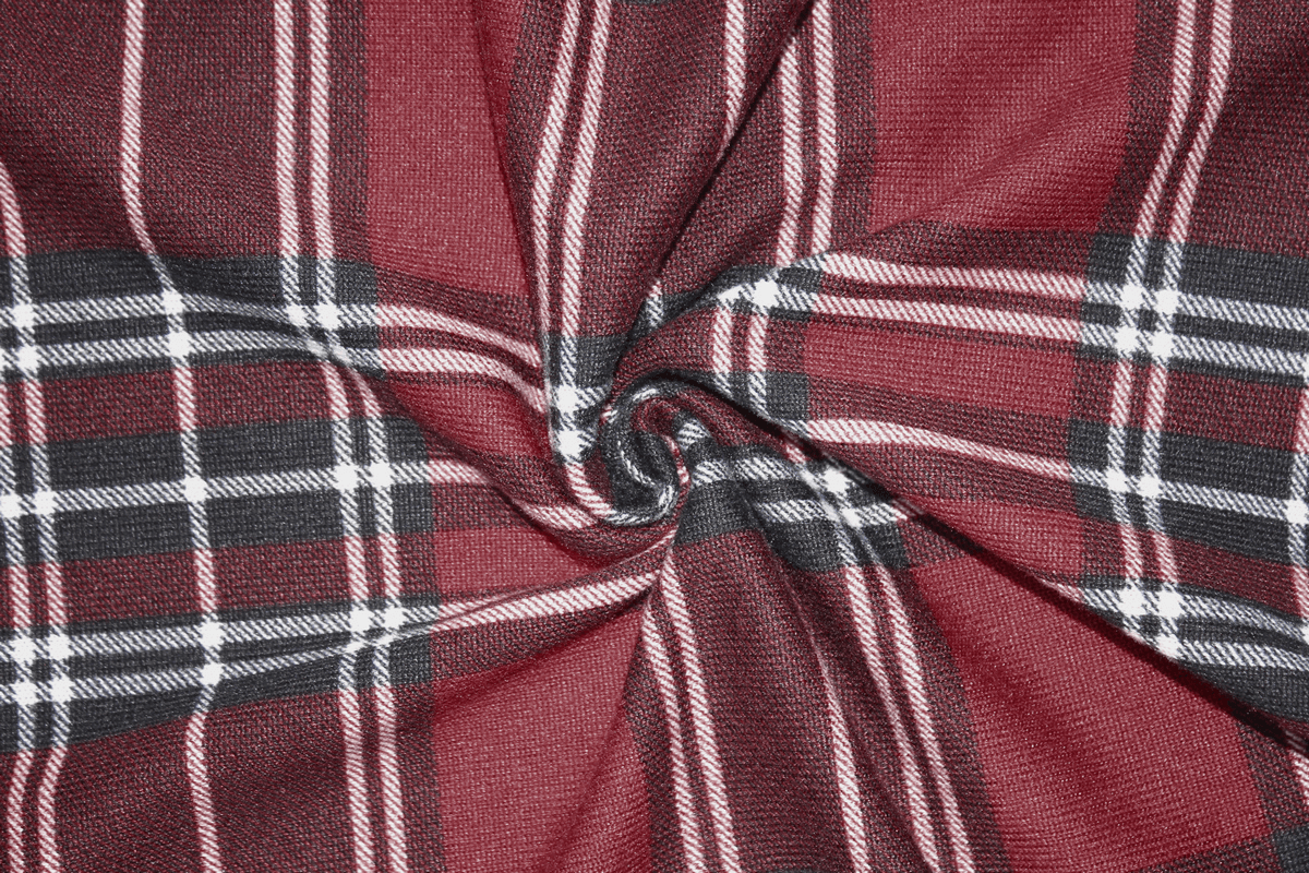 Close-up of red and black plaid fabric, perfect for punk-style women's clothing and mini dresses.