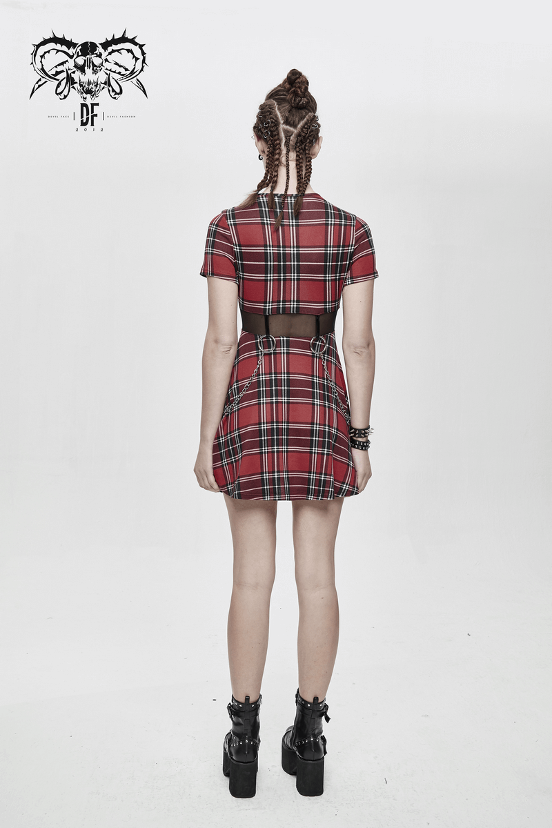 Back view of a women's red plaid mini dress in punk style, featuring short sleeves and a stylish belt.