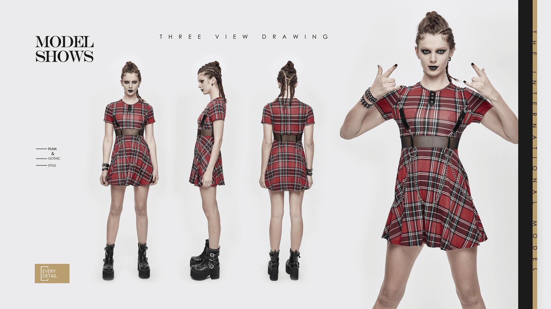 Three view drawing of a women's red plaid mini dress with mesh detailing and punk style, showcasing front, side, and back.