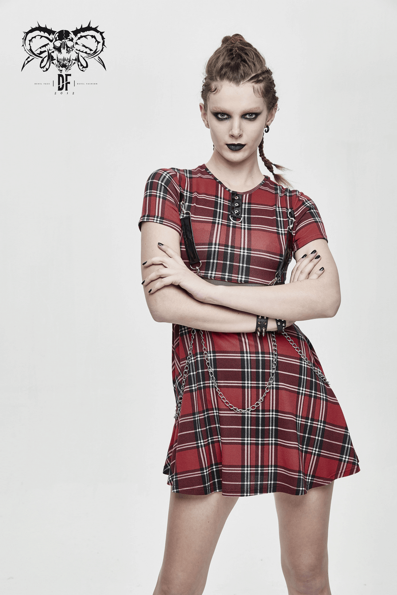 Red plaid mini dress with short sleeves and chains, perfect for a punk style outfit.