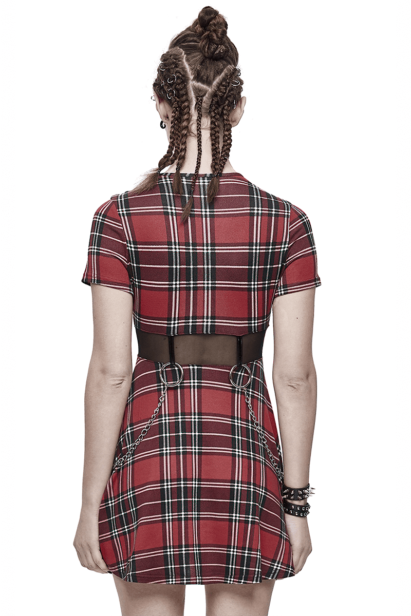 Back view of a women's red plaid short dress with a belt and silver chains, showcasing punk style and checkered print.