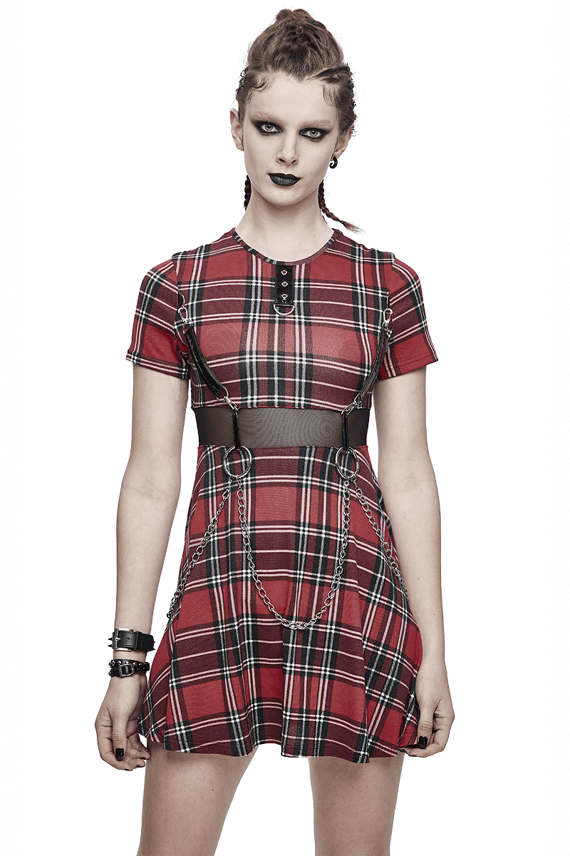 Women’s punk style red plaid mini dress with short sleeves and silver chain decor.