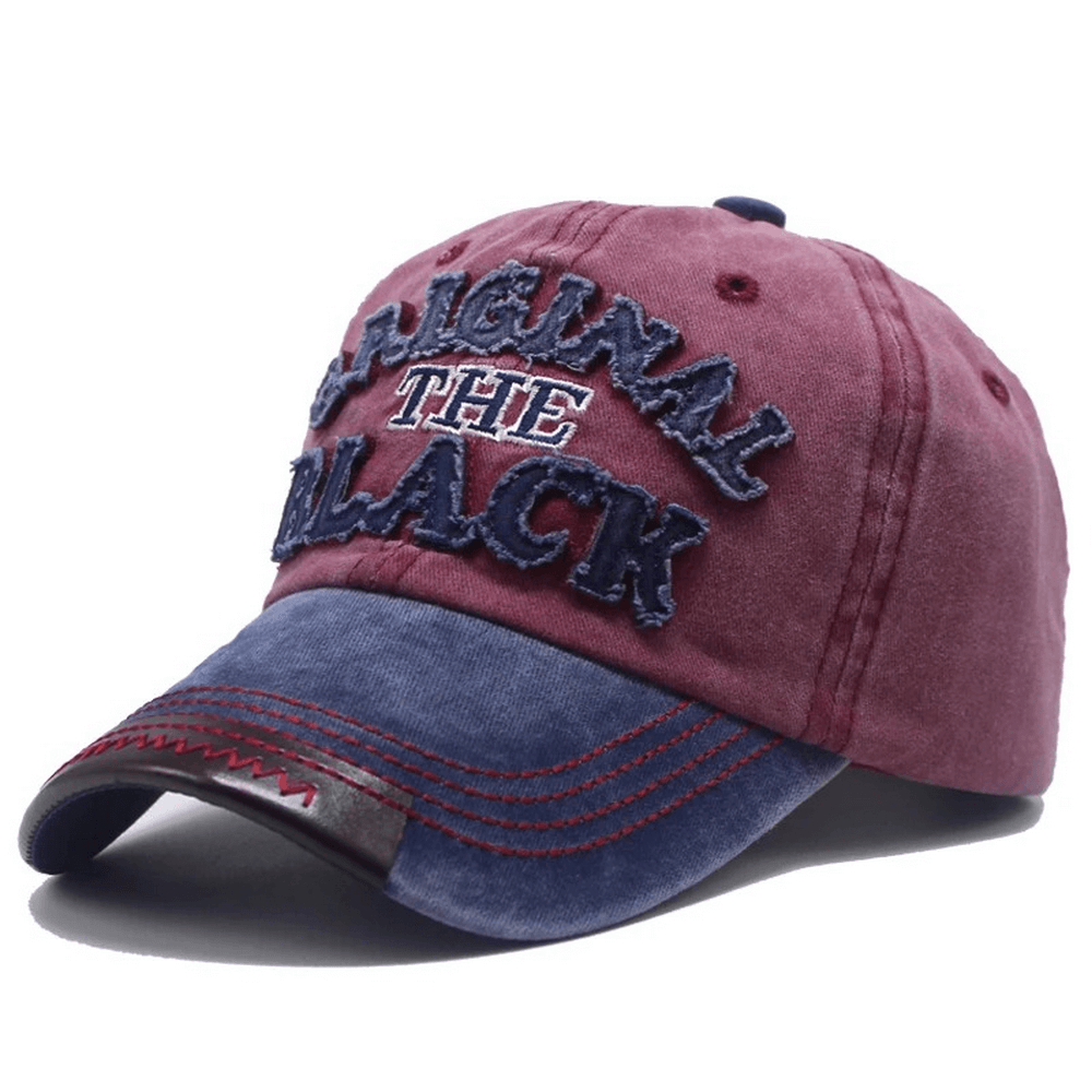 Fashion retro washed baseball fitted cap in burgundy and blue with original embroidery. Unisex snapback hat for casual rock style.