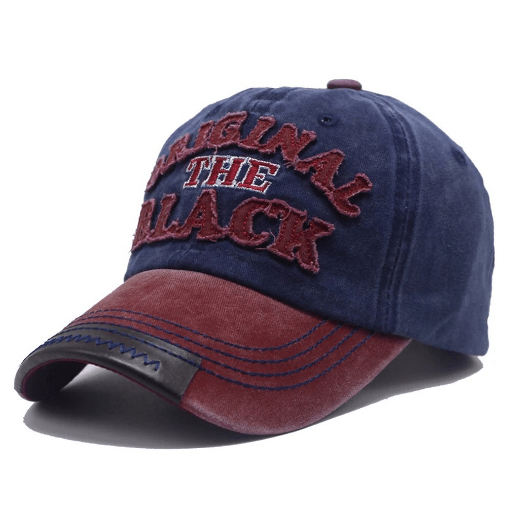Fashion retro washed baseball cap in dark blue and maroon with stylish embroidery, perfect unisex rock style accessory.