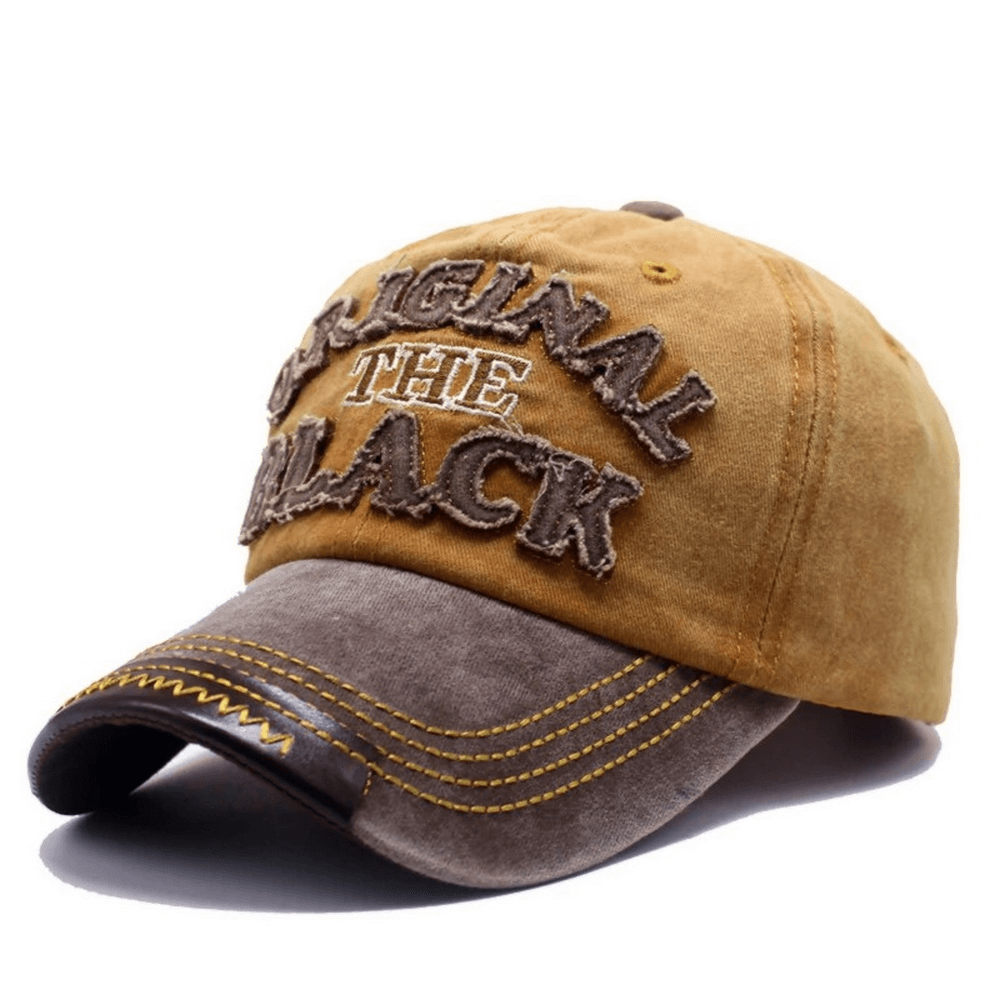Fashion retro washed baseball cap with stylish embroidery in brown and beige colors, perfect for casual rock style.