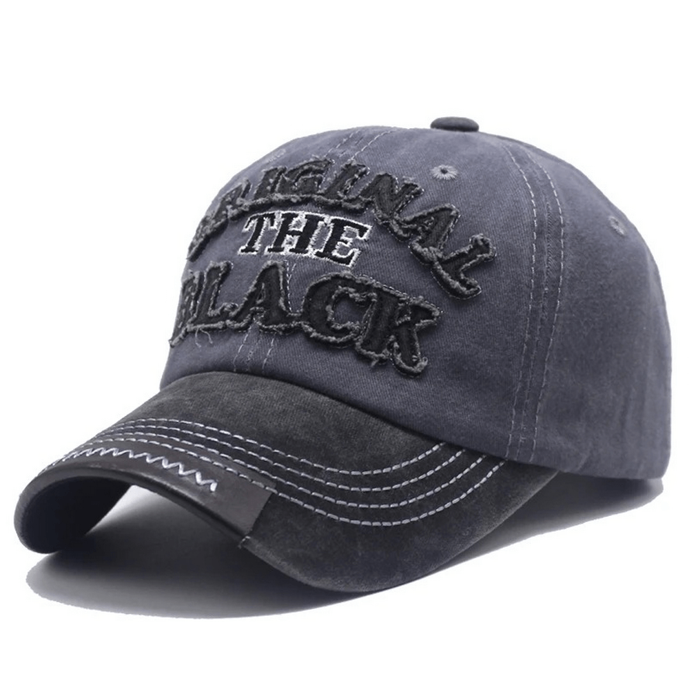 Fashion retro washed baseball cap in black with stylish embroidery, perfect for casual rock style outfits.