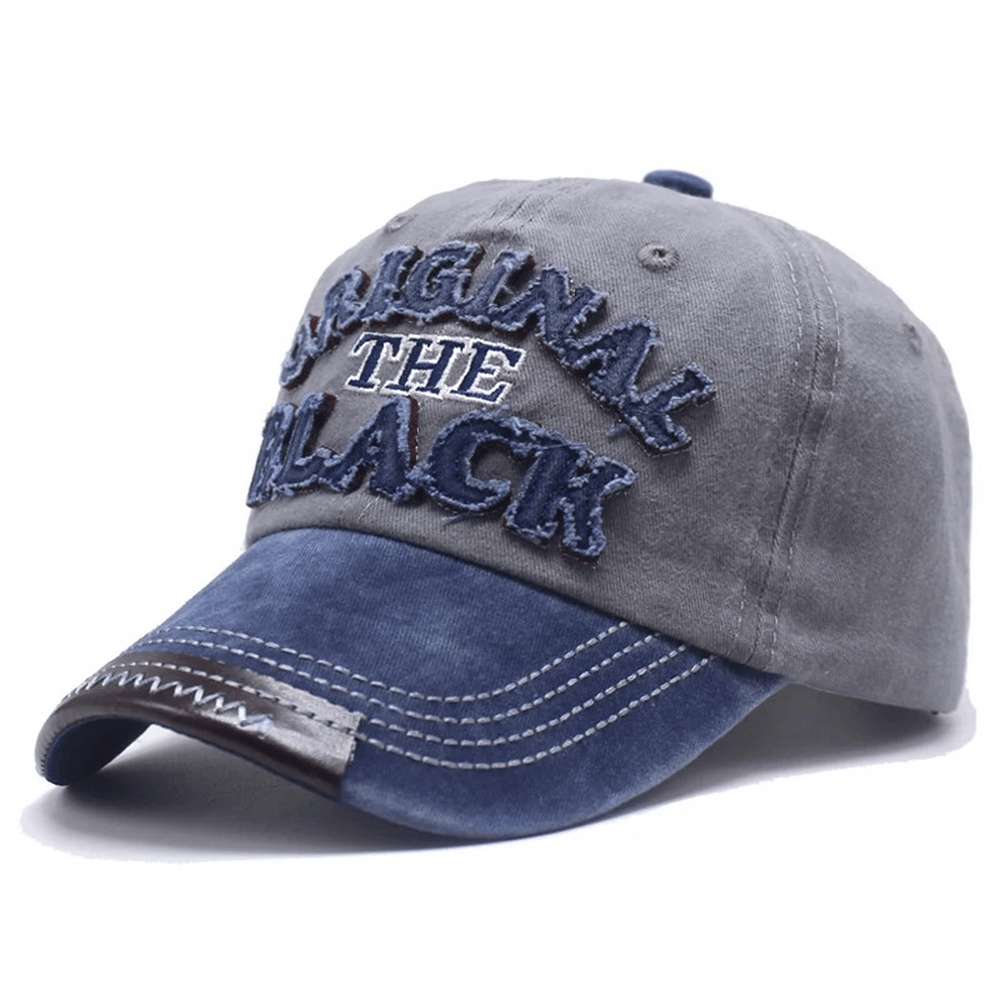 Fashion retro washed baseball cap in gray with blue embroidery, perfect for casual rock style outfit.