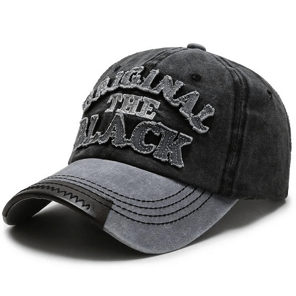 Retro washed black baseball cap with embroidered text, stylish unisex snapback for rock fashion lovers.