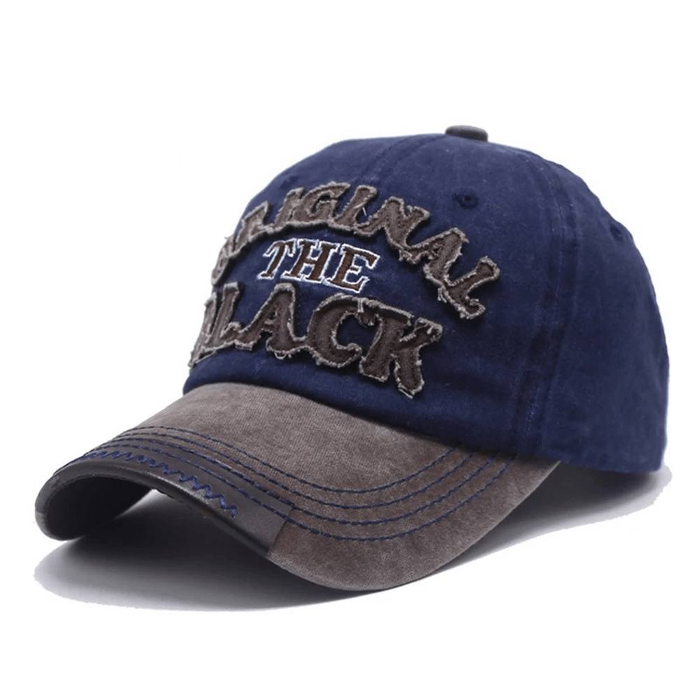 Stylish unisex retro baseball cap in blue and brown with embroidered lettering, perfect for casual rock style outfits.