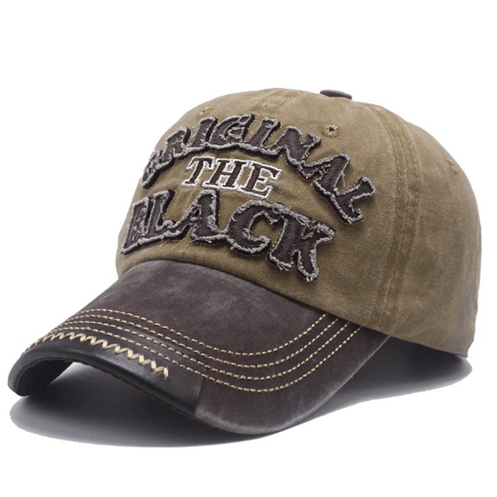 Fashion retro baseball cap with embroidered lettering, stylish unisex snapback in olive green and brown colors.