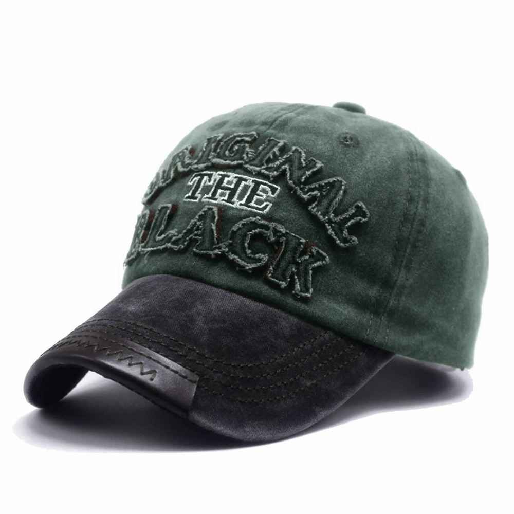 Fashion retro washed green baseball cap with black visor and original embroidered text, unisex rock style accessory.