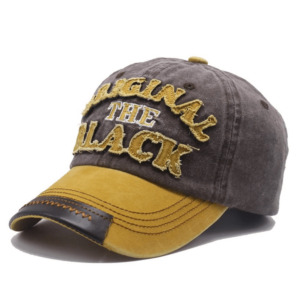 Fashion retro baseball cap in gray and mustard with embroidered text, perfect for casual rock style outfits.