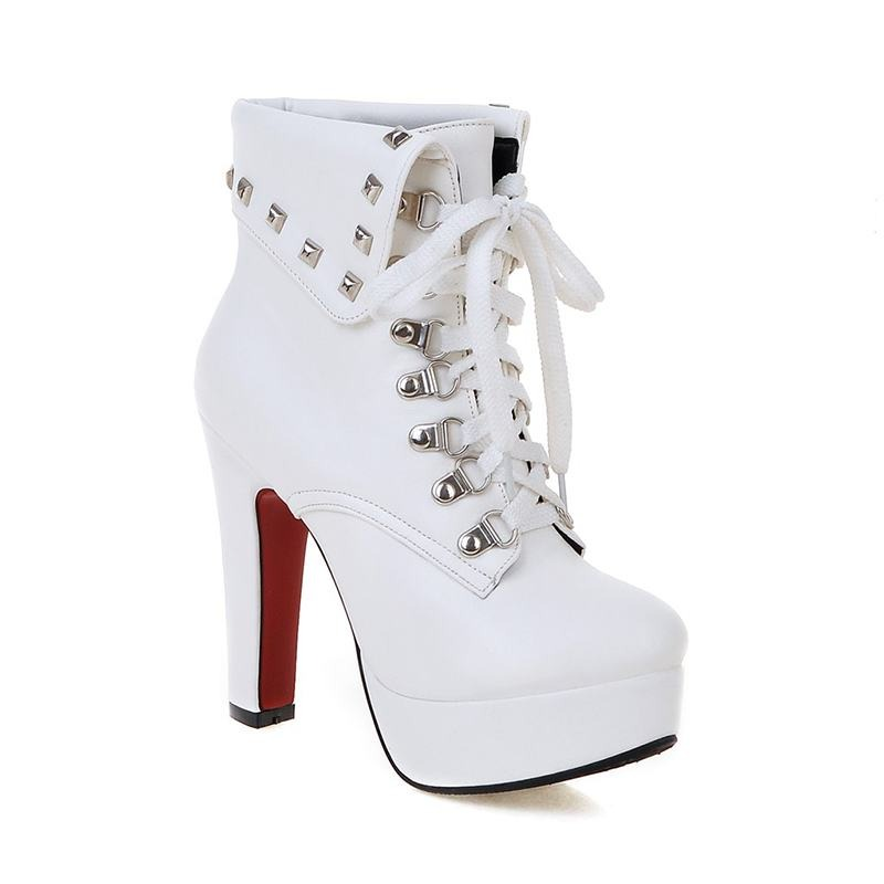 Fashion Rivets Lace Up Ankle Boots / Thick High Heels Women's Boots - HARD'N'HEAVY