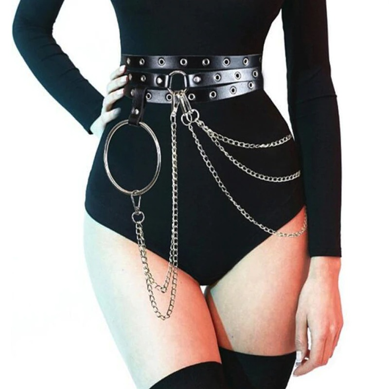 Fashion rock small belt with chains in faux leather, adding edgy flair to outfits with a body bandage style.