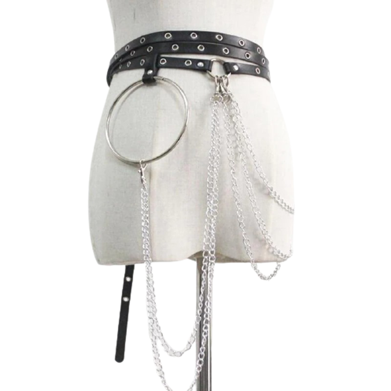 Fashion rock small belt with chains, faux leather body bandage for stylish alternative outfits.