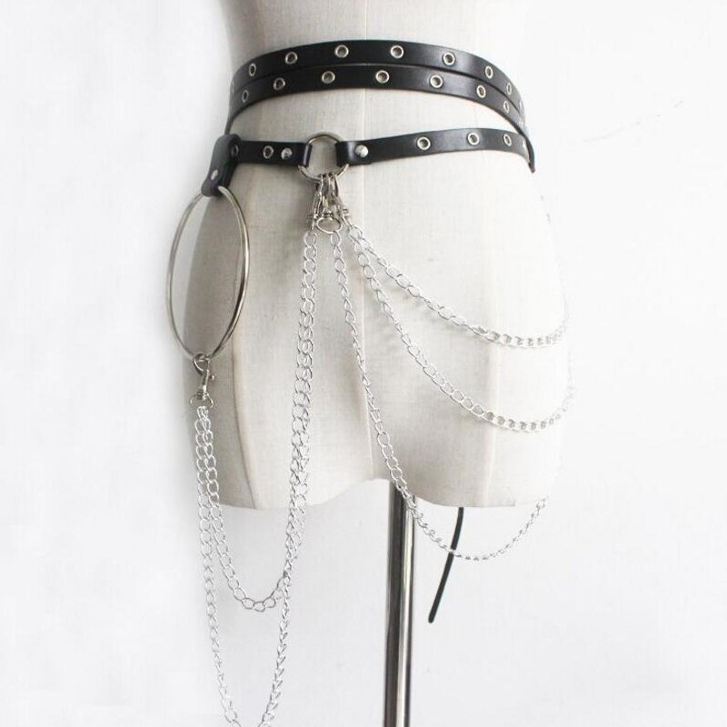 Black rock style belt with chains and metal rings, perfect for adding edge to alternative fashion outfits.