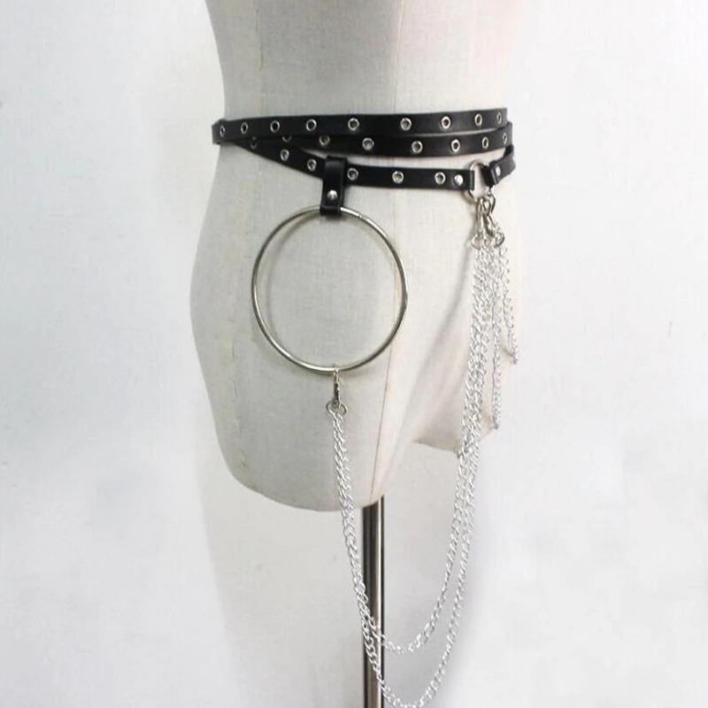 Fashion rock style small belt with chains, black faux leather bandage with metal ring and decorative chains.