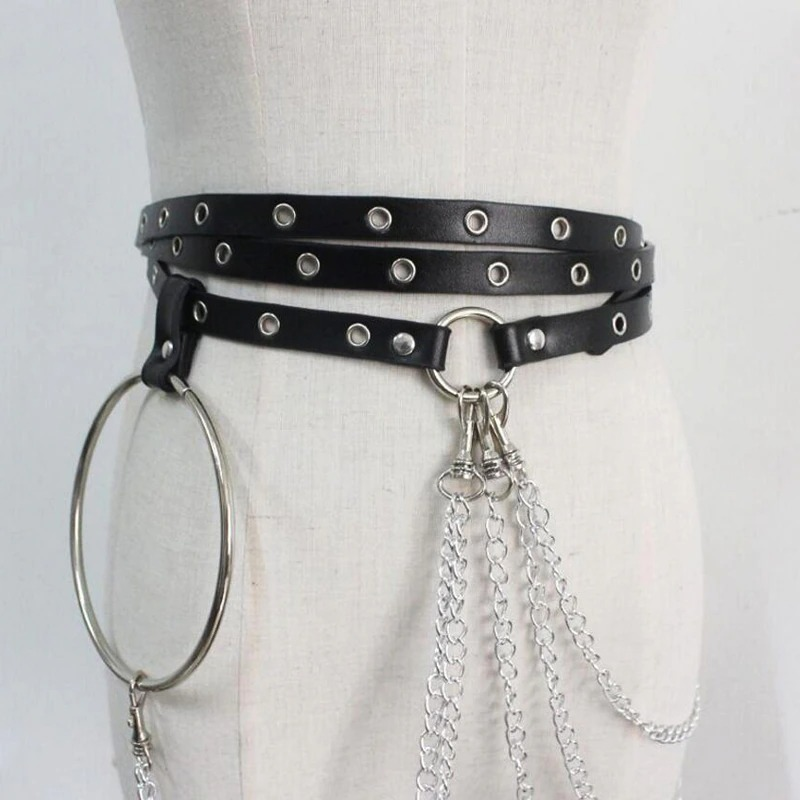 Fashion rock style black belt with chains and metal rings for women's alternative outfits.