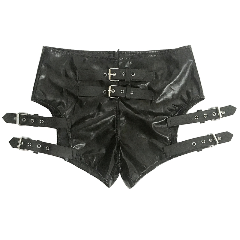 Stylish women's black PU leather shorts with straps, perfect for pole dance and nightclub outfits.