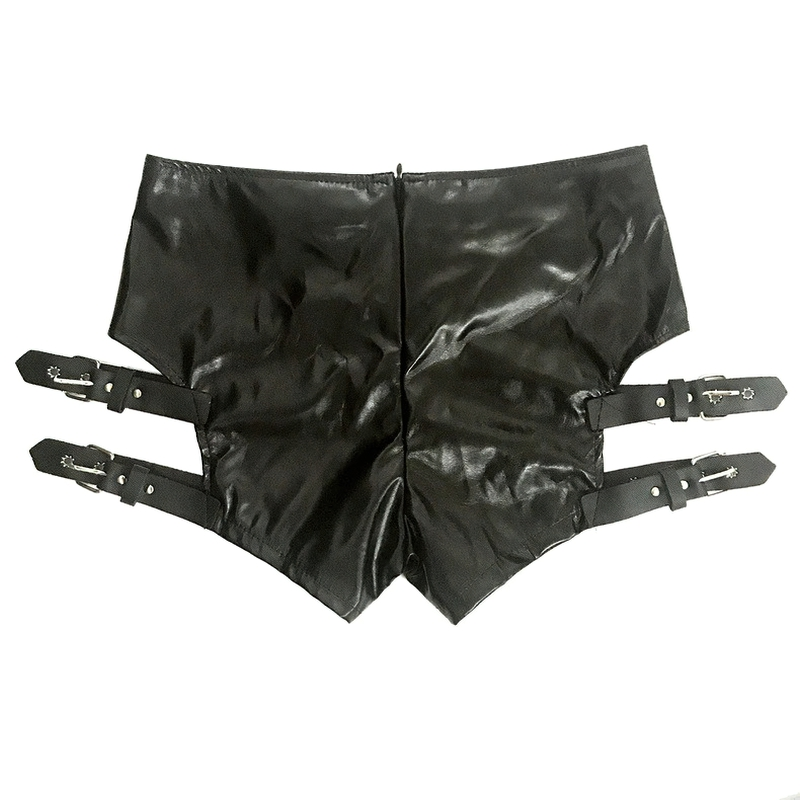 Black PU leather shorts for women with stylish design and adjustable straps, perfect for pole dance or nightclub costume.