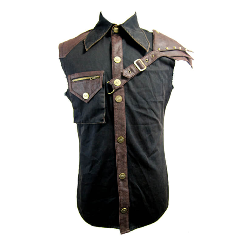 Fashion Sleeveless Shirt with Detachable Shoulder / Steampunk Vintage Turn-Down Collar Shirt - HARD'N'HEAVY