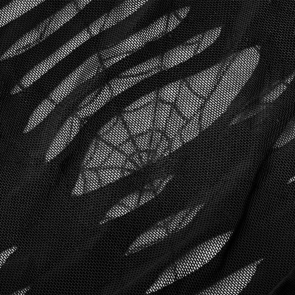 Stylish black spider mesh fabric with cutout design, perfect for fashion-forward outfits and breathable comfort.