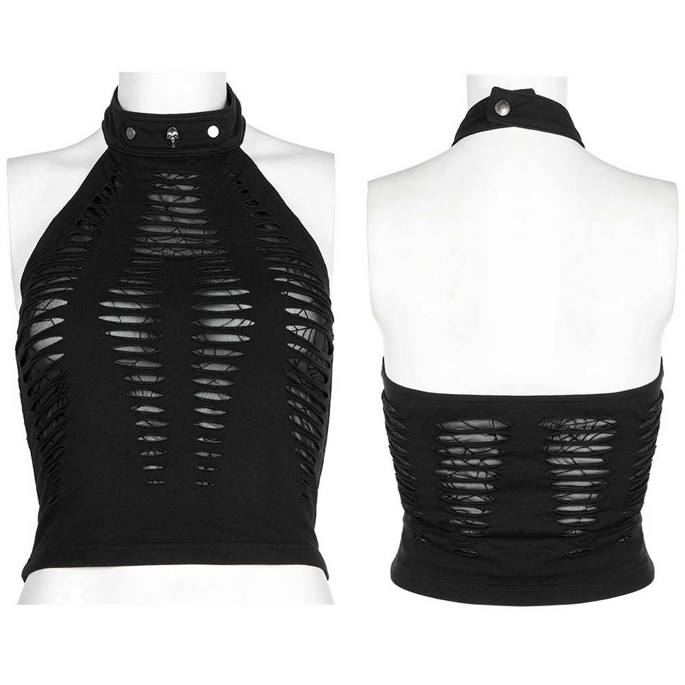 Fashionable black spider web mesh cutout halter top with adjustable neck and unique hollow design.