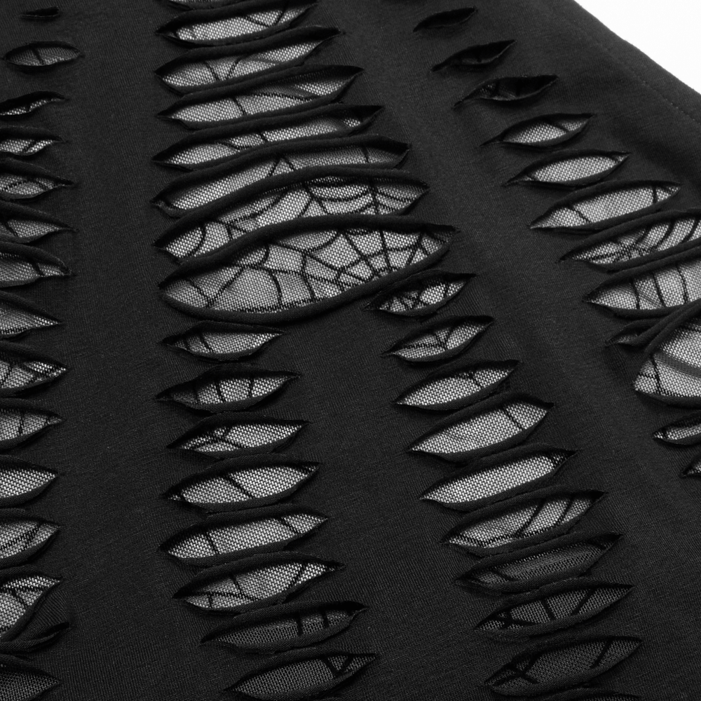 Close-up of a black spider web mesh cutout top featuring hollowed-out design and elastic knitted fabric.
