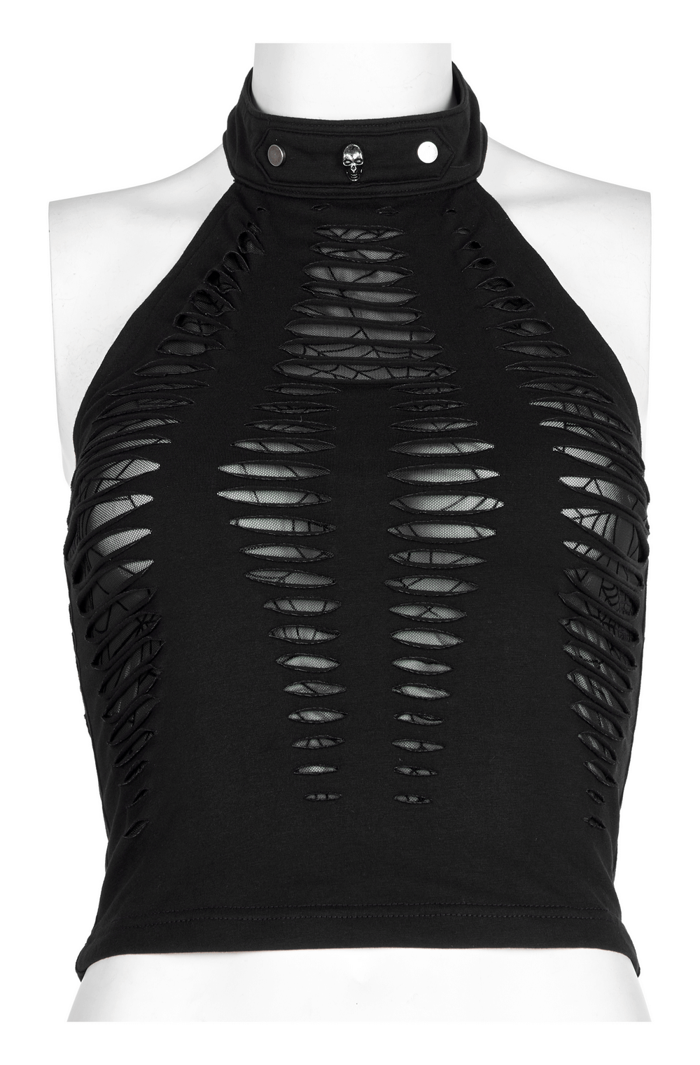 Black spider web mesh cutout halter top with adjustable neck and skull detail, showcasing bold fashion and comfort.