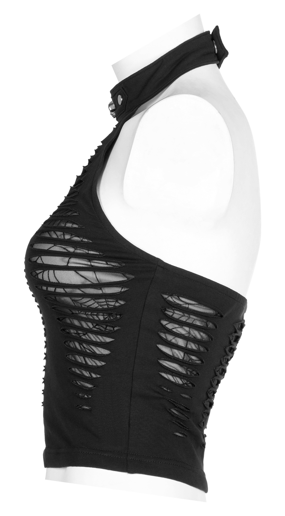 Black spider web mesh cutout halter top showcasing adjustable neck and stylish hollowed-out design.