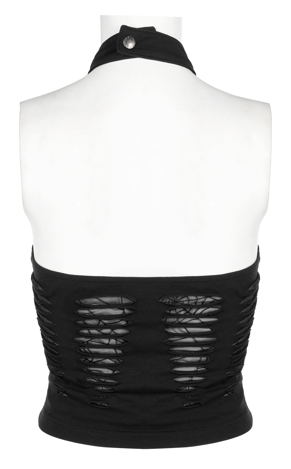 Back view of stylish black spider web mesh cutout halter top with adjustable neck and hollowed-out design.