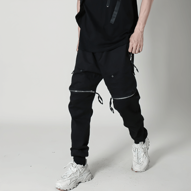 Men's fashion tactical zipper trousers with elastic waist, perfect for edgy street style and comfort.
