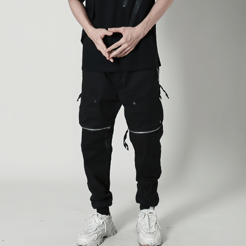 Fashion tactical zipper trousers for men with elastic waist and functional details, perfect for alternative style outfits.